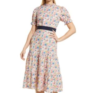 Boden Floral Print Midi Dress Frill Neck- Cotton